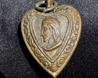 RARE French Antique Vintage Mary and Jesus Catholic Ex Voto Reliquary Prayer Heart