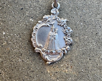 Antique French Vintage Silver Notre Dame de Fourviere Our Lady Holy Virgin Mary Medal Pendant