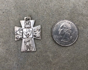 Beautiful Large and Heavy Antique Vintage Sterling Silver Four Way Cross Medal Catholic Religious Cruciform Pendant Necklace by Creed