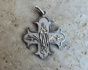 Antique French Vintage Sterling Silver Moline Cross Our Lady of Lourdes Holy Virgin Mother Mary Medal Pendant