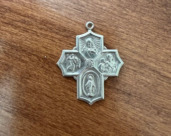 Large Antique Vintage Sterling Silver Four Way Cross Medal Catholic Religious Christian Cruciform Pendant Necklace France