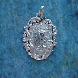 French Edwardian Antique Sterling Silver Eucharist and Chalice Communion Medal Pendant