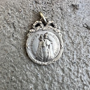Antique Vintage French Silver Notre Dame de Bon Secours de Peruwelz Mary Our Lady of Good Help of Peruwelz Catholic Religious Medal Pendant