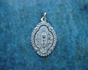 French Antique Edwardian Sterling Silver Eucharist and Chalice Communion Medal Pendant