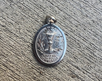 French Antique Sterling Silver Eucharist and Chalice First Holy Communion Medal Pendant