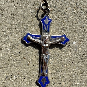 France French Antique Blue Enamel Crucifix Cross Catholic Christian Religious