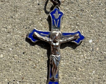 France French Antique Blue Enamel Crucifix Cross Catholic Christian Religious