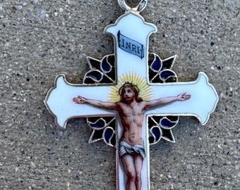 Antique French Sterling Silver Crucifix Cross Jesus Art Nouveau Plique-a-Jour Hand Painted Limoges Enamel Porcelain Medal Pendant