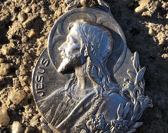 RARE Antique French Vintage Sterling Silver Profile of Jesus Catholic Religious Medal SIGNED Charles Desvergnes