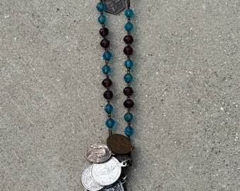 Antique French Sterling Silver and Blue and Purple Lavender Glass Faceted Rosary with medals Catholic Orthodox