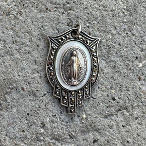 Antique Art Deco French Vintage Sterling Silver and Mother of Pearl Our Lady of the Miraculous Medal Catholic Religious Pendant