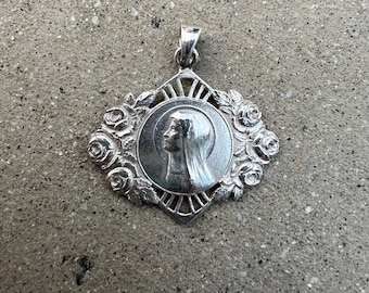 OOAK French Antique Vintage Holy Virgin Mother Mary with Roses Catholic Christian Medal SIGNED G Lavrillier Pendant Necklace Sterling Silver