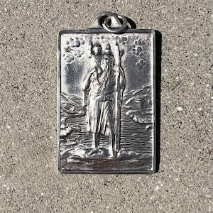 Large Antique French Vintage Sterling Silver Catholic Religious Saint Christopher and The Child Jesus Medal Pendant