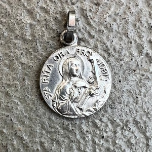 Antique Sterling Silver French Religious Catholic Saint Rita Medal Pendant Necklace