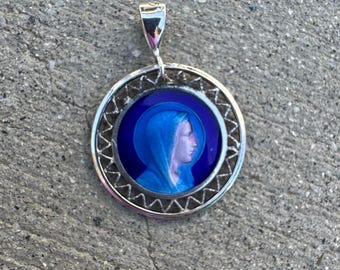 Antique French Blue Guilloche Enamel Sterling Silver Catholic Holy Virgin Mother Mary Our Lady of Lourdes Medal Necklace Pendant Christian