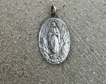 Antique French Vintage Silver Immaculate Conception Holy Virgin Mary Catholic Religious Medal Pendant Christian