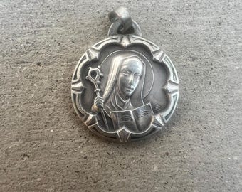 Antique French Vintage RARE SIGNED Silver Saint Odile Religious Medal Signed JB