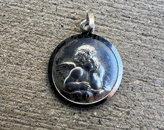 Antique Vintage French Sterling Silver Gazing Cherub Angel Cupid Medal