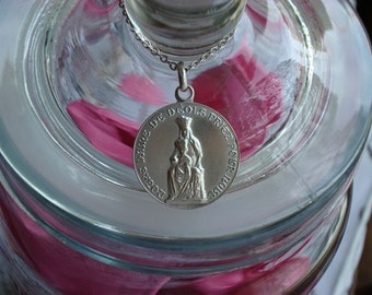 OOAK Antique Vintage French Sterling Silver Our Lady of Deols Medal Necklace Pendant Agate Mother of Pearl Handmade