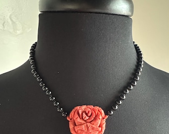 Vintage Red Orange Sponge Coral Rose Flower & Black Onyx Beaded Necklace