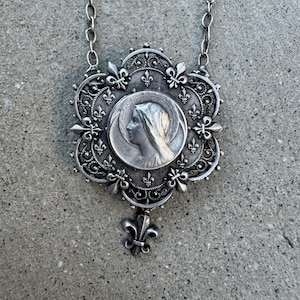 French Antique Silver Our Lady Holy Virgin Mary Fleur de Lys Medal Pendant Necklace Catholic Religious Christian