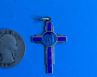 Art Deco French Antique Blue Guilloche Enamel and Sterling Silver Cross Crucifix Our Lady of La Salette Holy Virgin Mother Mary