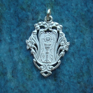 Art Deco French Antique Sterling Silver Chalice Eucharist Communion and Lilys Medal Pendant