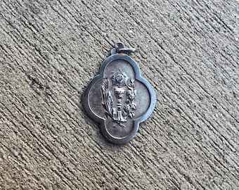 French Antique Sterling Silver Eucharist and Chalice First Holy Communion Medal Pendant
