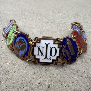 BEAUTIFUL French Antique Vintage Enameled Notre Dame de Lourdes Souvenir Medals Panel Bracelet