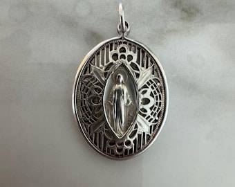Large Antique Art Deco Vintage Sterling Silver Our Lady of the Miraculous Medal Catholic Religious Pendant