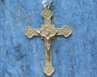 Heavy Antique French Vintage Brass Crucifix Cross Catholic Christian Orthodox Religious Medal Pendant for Rosary
