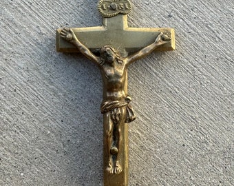 Antique French Brass Rosary Cross Crucifix relic compartment with pin