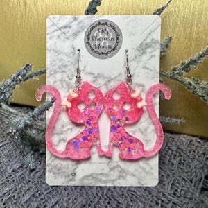 Pink Kitty Earrings - Elegant Fun Resin Earrings Handmade Artisan Gift, Sparkly Glitter Unique Jewelry, Beautiful Cute Earrings