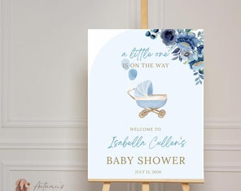 A Little One Is On Their Way, Baby Shower Welcome Sign, Digital Download, Instant, Welcome Sign, Canva Edit, Baby Boy, Blue Baby Shower