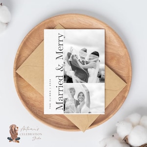 Modelo de cartão de Natal com foto Cartão de Feliz Natal casado Modelo Canva Cartão de Natal editável Cartões de Natal para impressão recém-casados