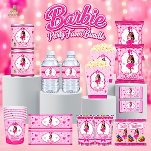 May include: A Barbie Party Favor Bundle featuring pink themed party supplies including two cylindrical containers, two water bottles, two popcorn boxes, two snack bags, a stack of paper cups, two candy bars, two juice pouches, and two fruit snack packs.