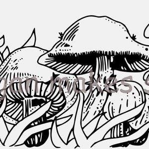 May include: Black and white line art illustration of mushrooms growing in a field of grass and flowers.