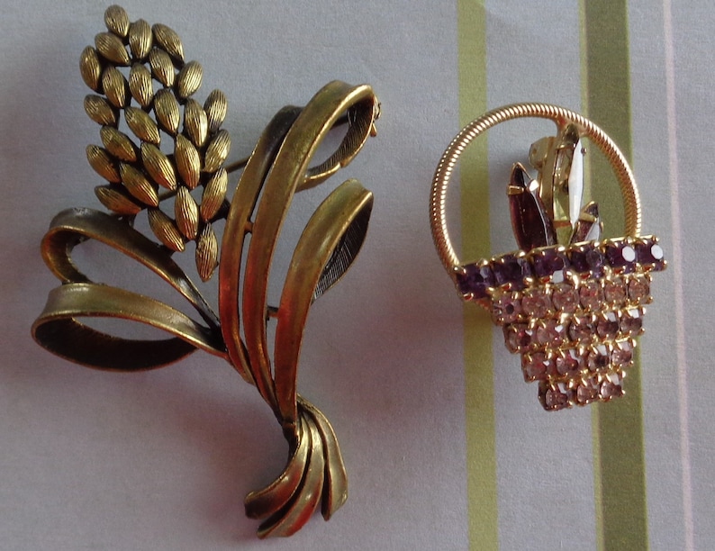 Mid Century Beauties Brooches and Pins Sheaf of Wheat and Jeweled Basket Both with Goldtone Backing