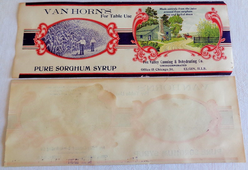 Vintage Van Horns Pure Sorghum Syrup Paper Label Fox Valley Canning Elgin IL Lot of 2