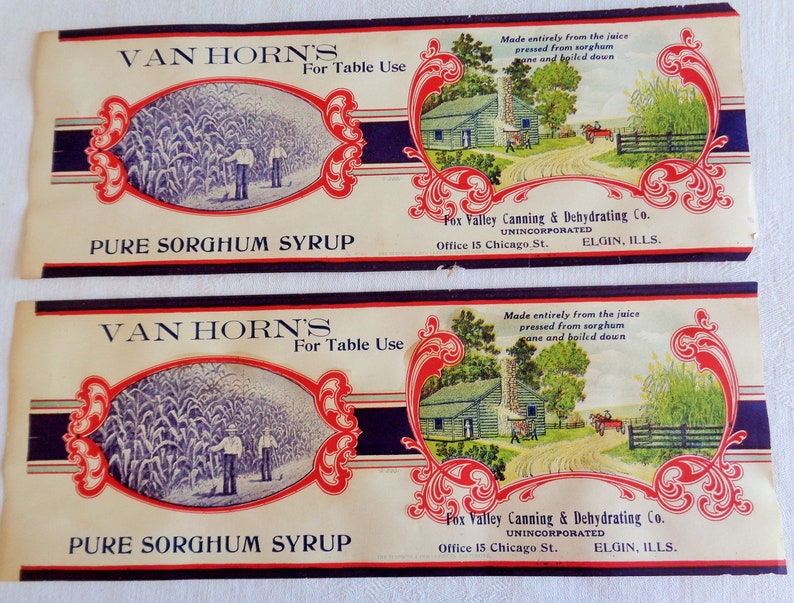 Vintage Van Horns Pure Sorghum Syrup Paper Label Fox Valley Canning Elgin IL Lot of 2
