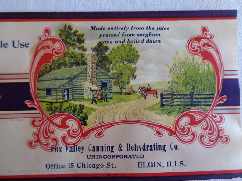 Vintage Van Horns Pure Sorghum Syrup Paper Label Fox Valley Canning Elgin IL Lot of 2