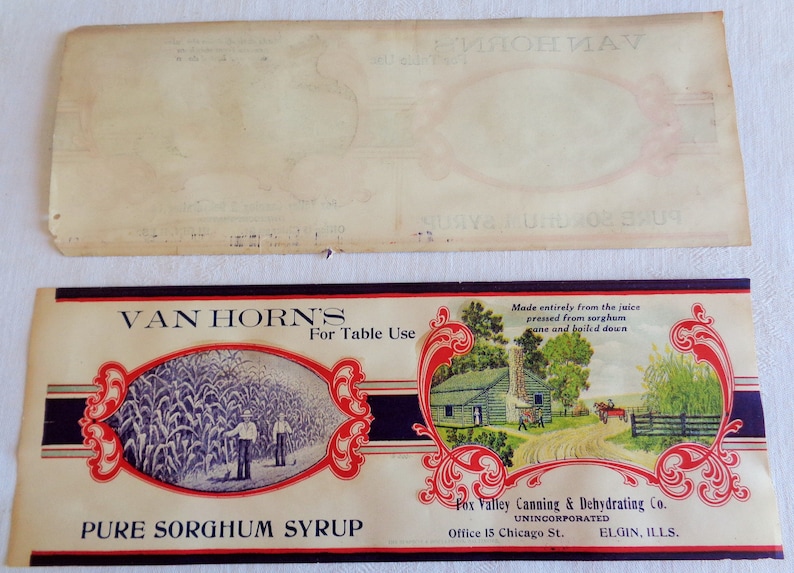 Vintage Van Horns Pure Sorghum Syrup Paper Label Fox Valley Canning Elgin IL Lot of 2