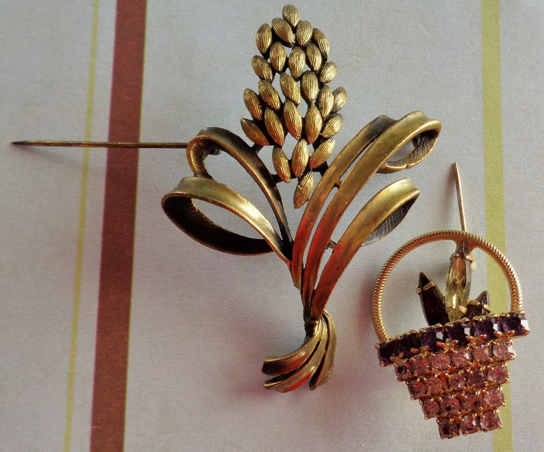 Mid Century Beauties Brooches and Pins Sheaf of Wheat and Jeweled Basket Both with Goldtone Backing
