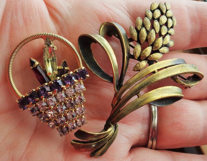 Mid Century Beauties Brooches and Pins Sheaf of Wheat and Jeweled Basket Both with Goldtone Backing