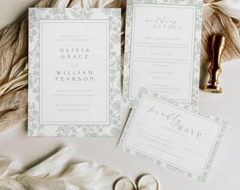 Sage Green Wedding Invitation Suite Minimalist Vintage Floral Invite Set RSVP Details Card Botanical Garden Wedding Invite Wedding Bundle