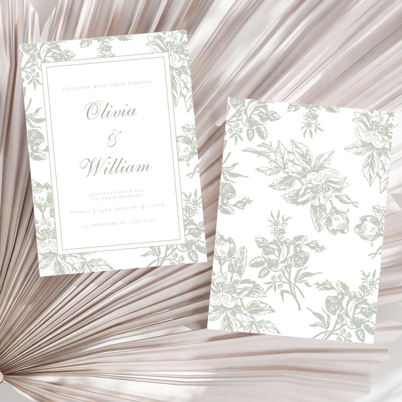 May include: Wedding invitation featuring the names "Olivia & William" in elegant script. The invitation has a floral design in a soft green hue, with matching floral patterns on the back. The design is set against a neutral background.
