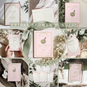 Könnte beinhalten: Eine Sammlung von rosa-goldenen Hochzeitsfeier-Papeterie-Artikeln. Das Set umfasst Karten, Schilder und Anhänger mit eleganten Schleifen- und Matcha-Designs. Die Texte "Cards & Gifts", "Thank you" und "Her Perfect Matcha" sind sichtbar.