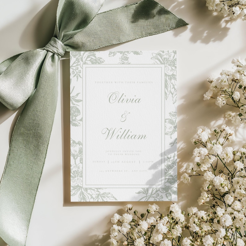 May include: A wedding invitation featuring the names "Olivia & William" in elegant script. The invitation has a floral design in a soft green hue, framed by a white border. A sage green ribbon and white flowers accent the invitation.