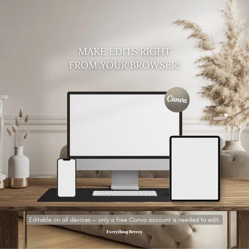 May include: A desktop computer, tablet, and smartphone are displayed on a wooden desk. The text "MAKE EDITS RIGHT FROM YOUR BROWSER!" is at the top. The Canva logo is visible. Text at the bottom reads "Editable on all devices - only a free Canva account is needed to edit."