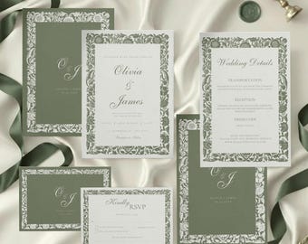 Old Money Olive Green Wedding Invitation Vintage Wedding Invitation Suite Floral Invite RSVP and Details Card Luxury Wedding Stationery